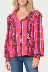 Plaid Ruffle Detail Long Sleeve Shirt