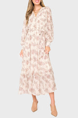 Woman modeling Flowy Wrap Maxi Dress in Dot Fawn chiffon print styled for fall work