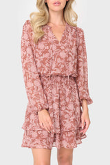 Woman modeling Long Sleeve Smocked Detail Dress in Burgundy Floral Scroll Print styled business casual