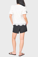 Bubble Sleeve Split Neck Eyelet Top