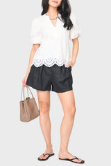 Bubble Sleeve Split Neck Eyelet Top