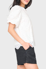 Bubble Sleeve Split Neck Eyelet Top