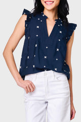 Woman modeling Decked Out Day Top in navy embroidered styled for work and everyday