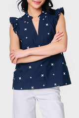 Woman modeling Decked Out Day Top in Navy Embroidered styled with casual pants