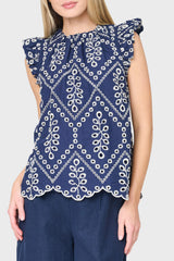 Flutter Sleeve Eyelet Top with Grosgrain Ribbon