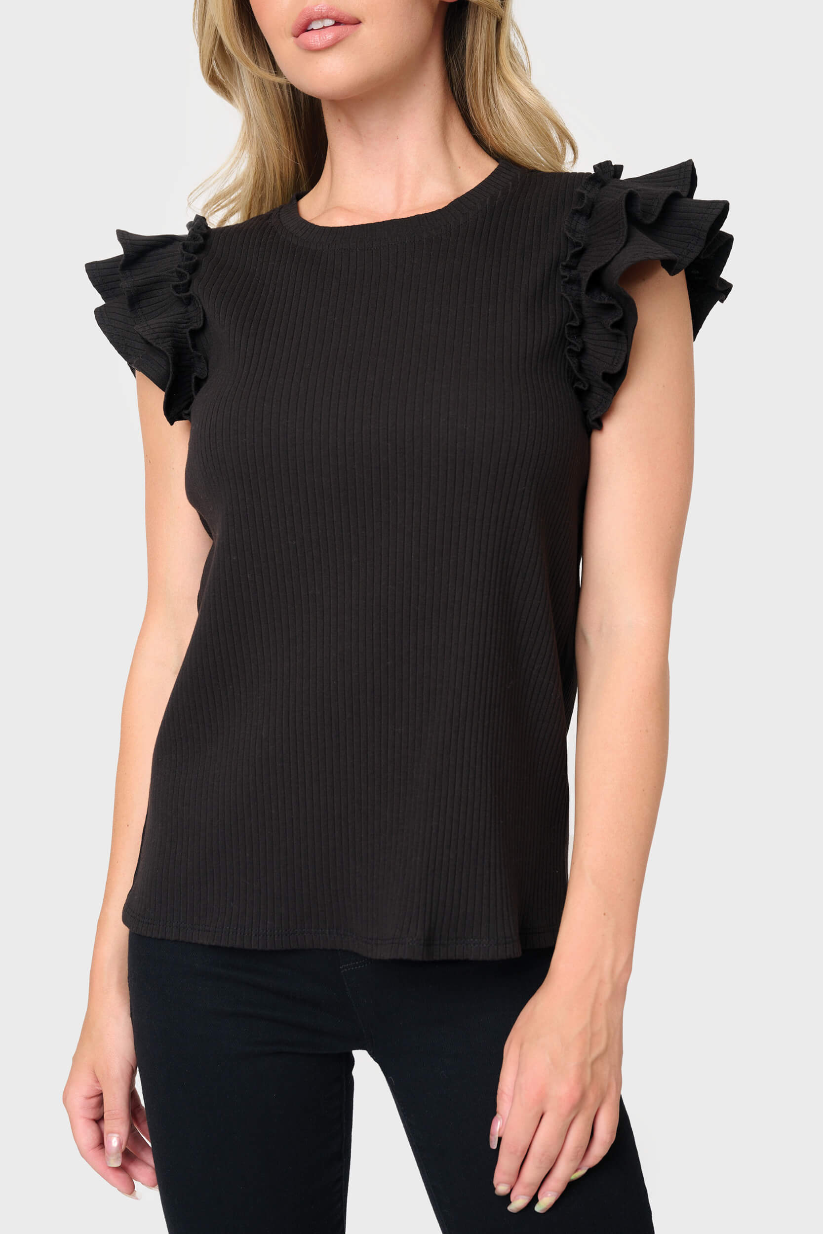 Flutter Sleeve Rib Knit Top - Black / XXS