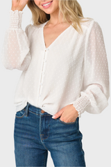 Pin Dot Smocked Detail V-Neck Blouse