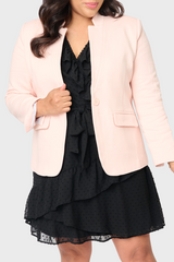 Plus size Woman modeling Notch Collar Blazer in Pearl Blush Pink styled business casual GT10564W