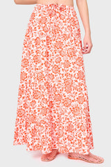 Blossom Haze tiered cotton poplin maxi skirt in coral floral print by Gibsonlook with drawstring waist