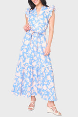 Woman modeling Notch Neck Flutter Sleeve Maxi Dress in Jardin Bleu floral print styled for work and weekends