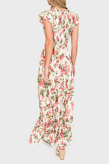 Flutter Sleeve Smocked V-Neck Tiered Maxi Dress