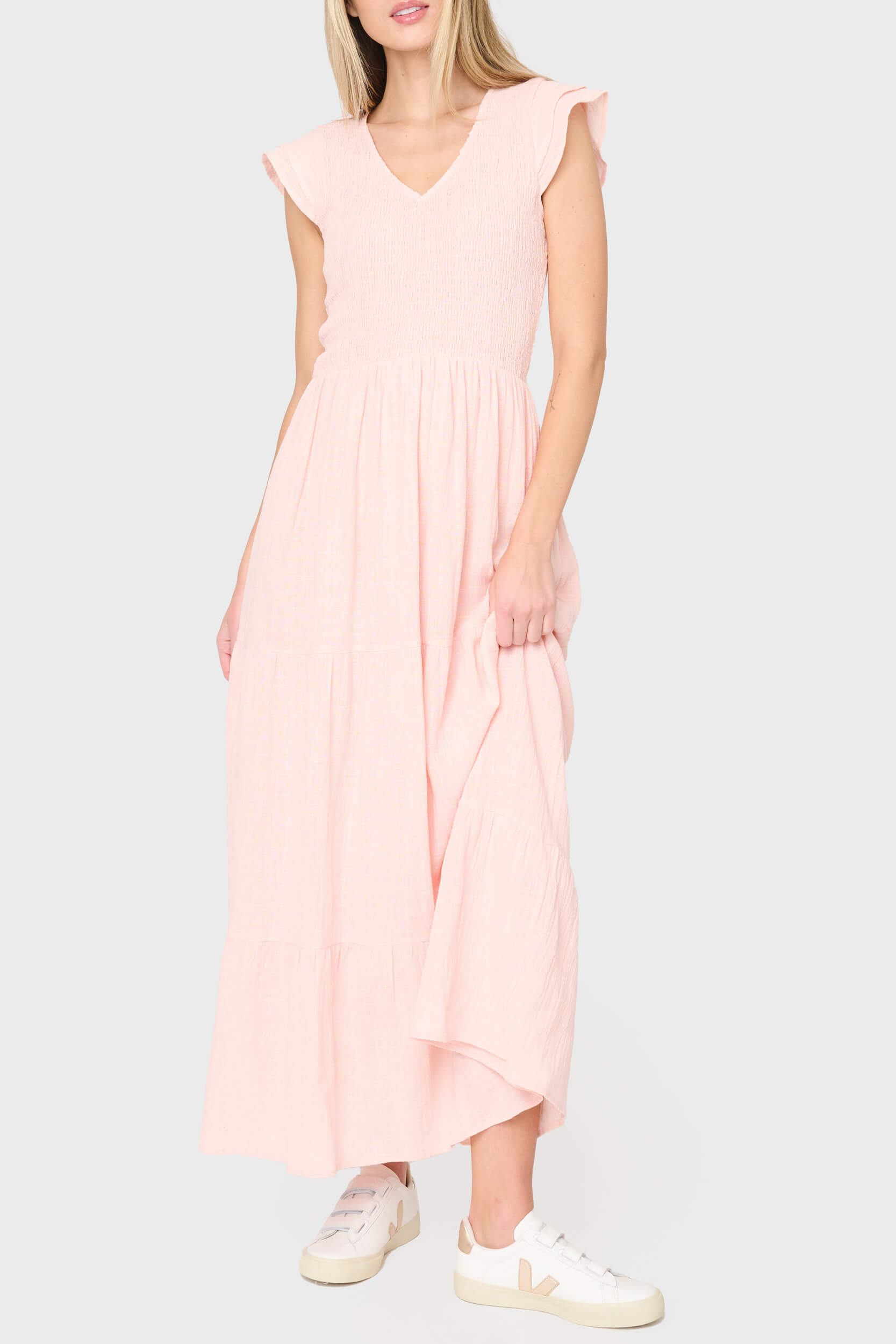 Pink Flutter Sleeve Smocked Maxi Dress | Tiered Cotton V-Neck Pale Blush / M | Gibsonlook Pink Flutter Sleeve Smocked Maxi Dress | Tiered Cotton V-Neck Pale Blush / M | Gibsonlook