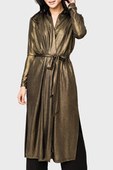 Woman modeling Foil Knit Duster with Self-Tie Belt in Gold Black styled for business events and holiday