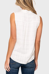 Back of woman modeling Cameron Day Top with Crochet Trim in White styled everyday casual