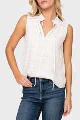 Woman modeling Cameron Day Top with Crochet Trim Tank in White styled business casual