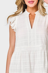 Woman modeling Flutter Sleeve Decked Out Day Dress in White split neck with flutter sleeves