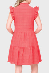 Back view Woman modeling Flutter Sleeve Decked Out Day Dress in Hibiscus red