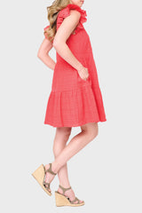 Side view Woman modeling Flutter Sleeve Decked Out Day Dress in Hibiscus red