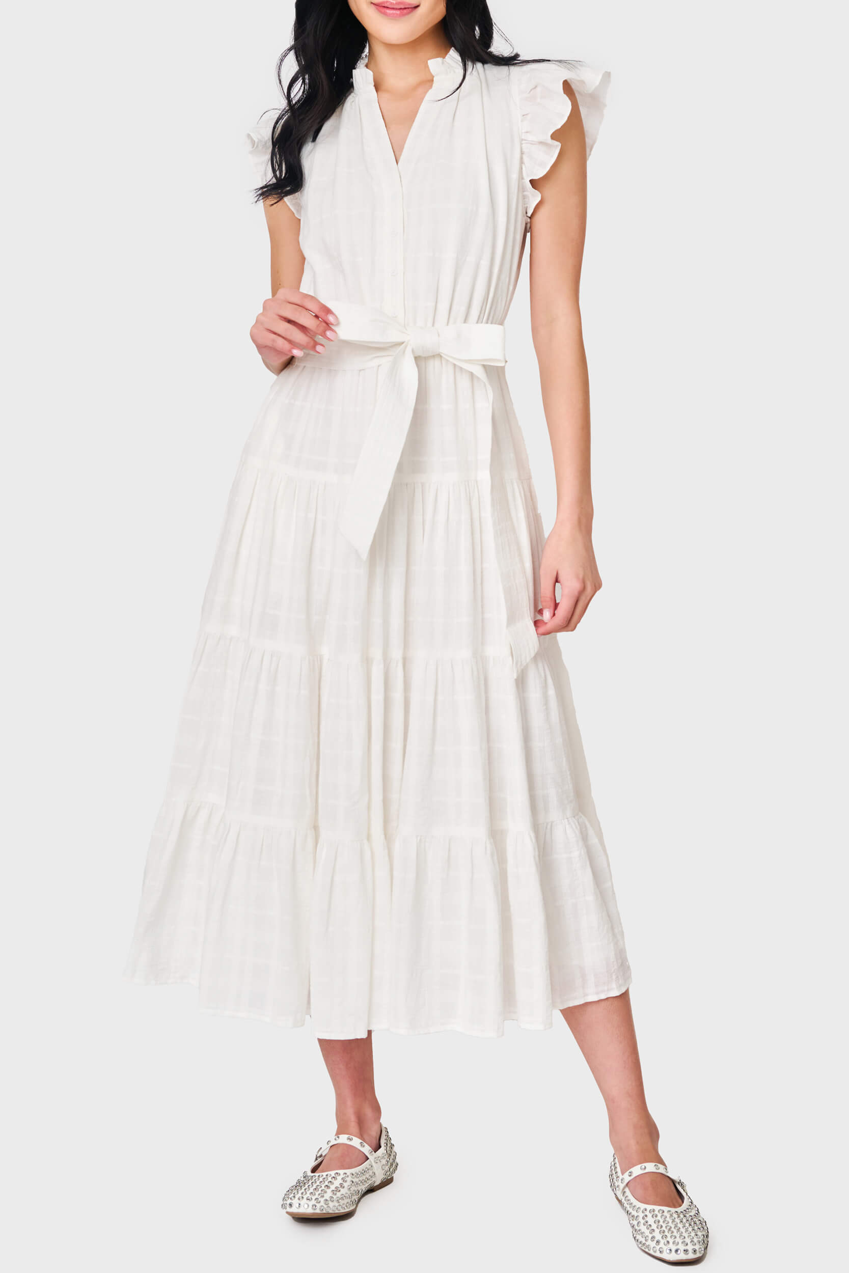 Woman modeling Dianthus Maxi Dress in White