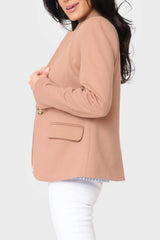 Side flap pocket view of Woman modeling Notch Collar knit Blazer in Cork brown GT10564