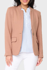 Woman modeling Notch Collar knit Blazer in Cork brown styled business casual GT10564