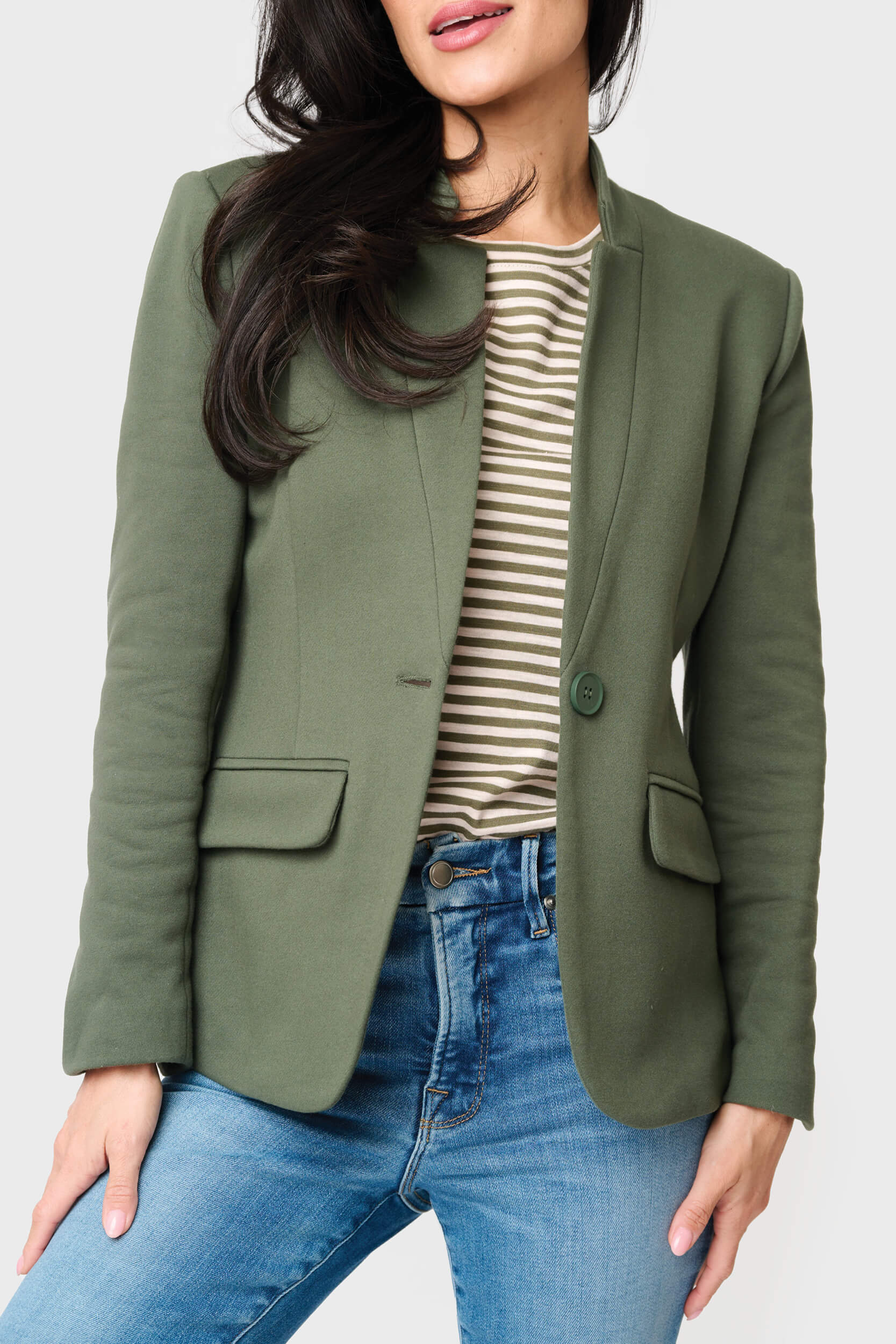 Woman modeling Notch Collar Blazer Military Green styled business casual GT10564W