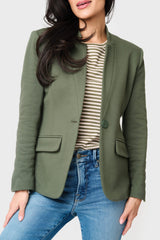 Woman modeling Notch Collar Blazer Military Green styled business casual GT10564W