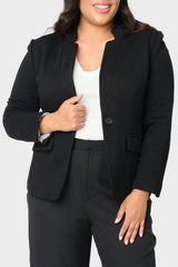 Plus size Woman modeling Notch collar knit blazer in Black styled business casual