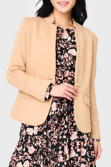 Woman modeling Notch Collar knit Blazer in Cappuccino tan styled business casual GT10564W