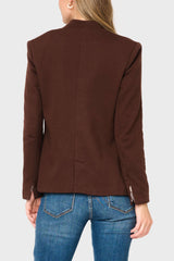 Back of Woman modeling Notch Collar Blazer in Espresso chocolate brown, styled business casual