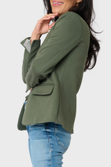 Side view of Woman modeling Notch Collar Blazer Military Green with split hem long sleeves GT10564W