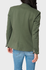 Back view of Woman modeling Notch Collar Blazer Military Green featuring back vent