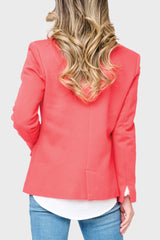 Back view of women modeling a knit Notch Collar Blazer in cherry red styled business casual