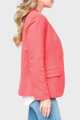 Front flap pocket side view of Women modeling a knit Notch Collar Blazer in cherry red