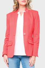 Women modeling a knit Notch Collar Blazer in cherry red styled corporate casual