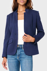 Woman modeling Notch Collar Blazer in Navy Blue styled business casual for work