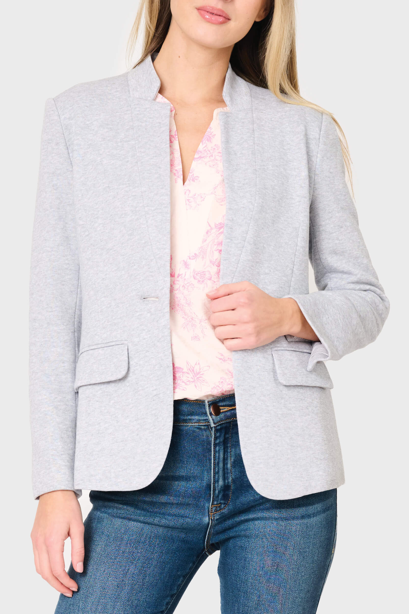 Woman modeling Notch Collar Blazer in Heather Grey styled for work and everday casual