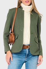 Woman modeling Notch Collar Knit Blazer in Military Green styled business casual for work with purse