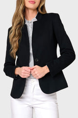 Woman modeling Notch collar knit blazer in Black styled business casual