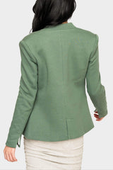 Back vent view of Woman modeling Notch Collar Blazer Sage Green styled business casual GT10564W