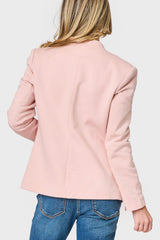 Back view of vent Woman modeling Notch Collar soft knit Blazer in Pink Smoke styled business casual