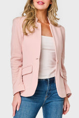 Woman modeling Notch Collar soft knit Blazer in Pink Smoke styled business casual