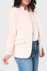 Side view of flap pocket Woman modeling Notch Collar Blazer in Pearl Blush Pink GT10564W