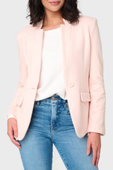 Woman modeling Notch Collar Blazer in Pearl Blush Pink styled business casual GT10564W