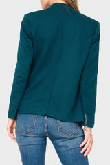 Back of Woman modeling Notch Collar Blazer in Reflecting Pond Teal green, styled business casual