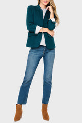 Woman modeling stretch knit Notch Collar Blazer in Reflecting Pond Teal green, styled for work