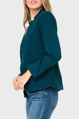 Side of Woman modeling stretch knit Notch Collar Blazer in Reflecting Pond Teal green