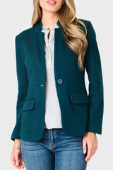 Woman modeling Notch Collar Blazer in Reflecting Pond Teal green, styled business casual