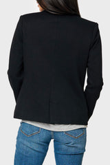 Back of Woman modeling Double Breasted Knit Blazer in Black styled for the office
