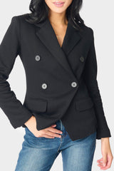 Front of Woman wearing Double Breasted Blazer in Black